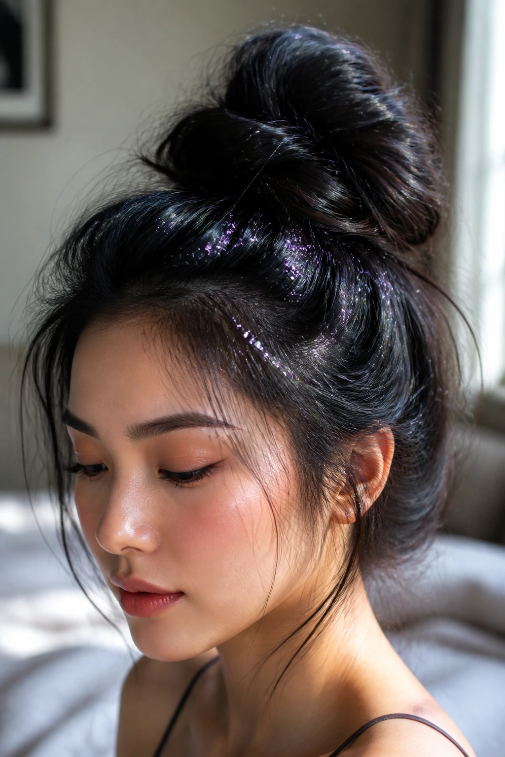 Close-up of a real woman with a messy high bun and scattered lavender glitter flakes under natural window light.