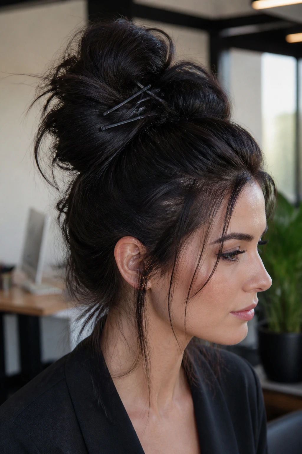 Close-up of a real woman with a high-volume messy bun and matte pins in a modern office