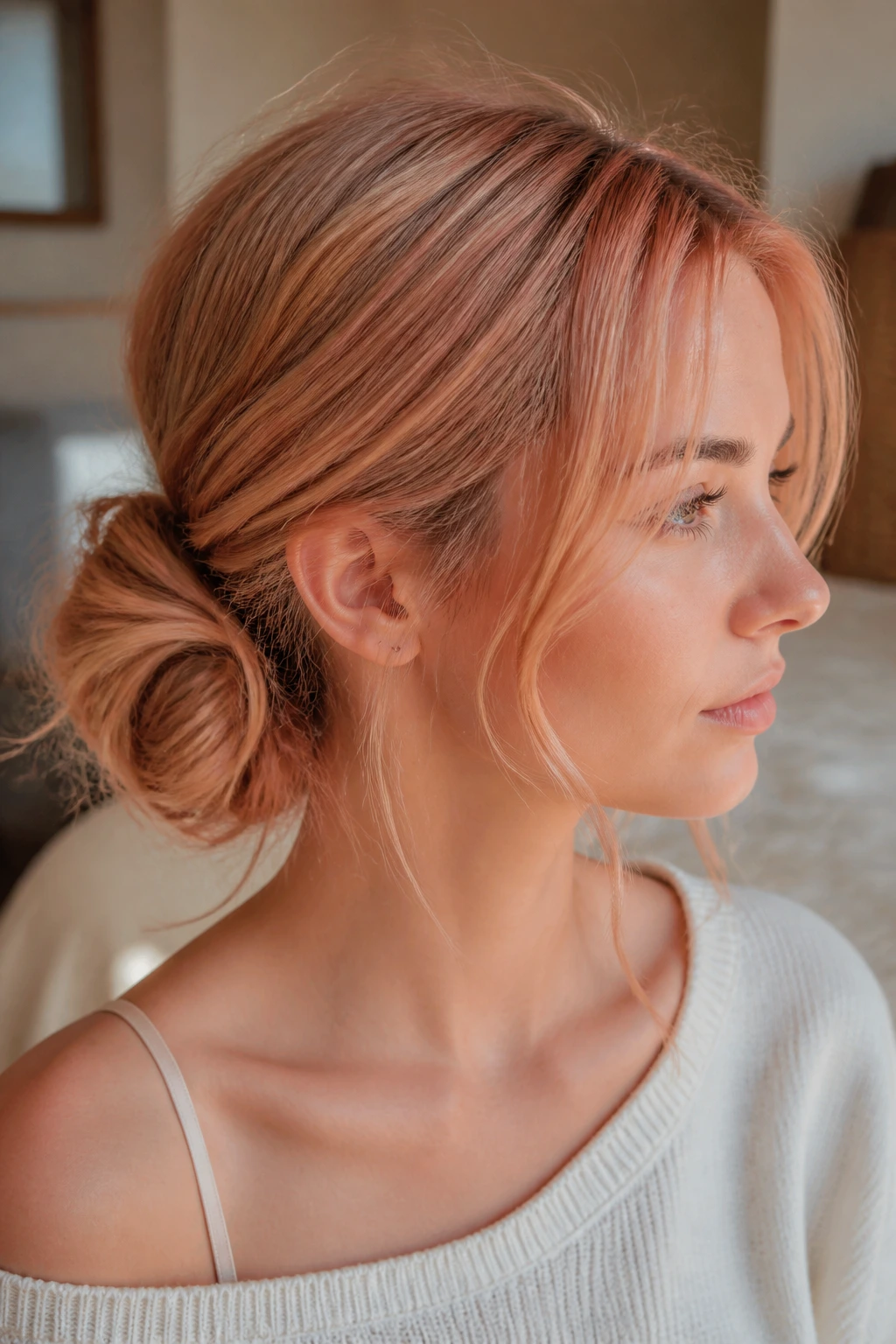 Close-up portrait of a real woman with a low textured messy bun in peach nude hair