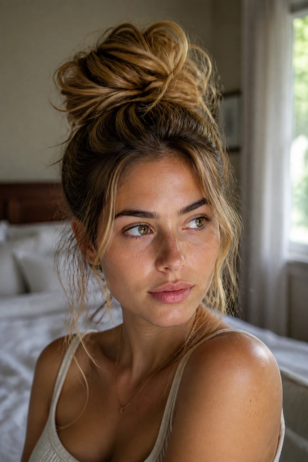 Close-up portrait of a woman with a high-volume messy bun and face-framing strands