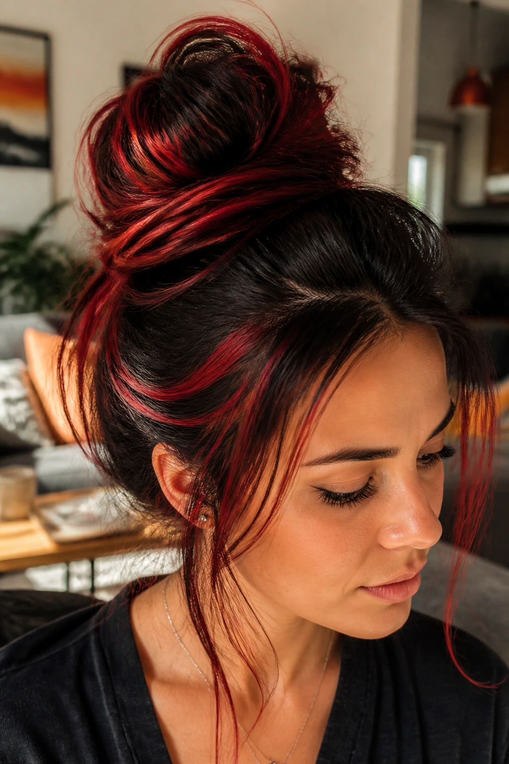 Close-up of woman in a messy bun showing red strands through a dark bun