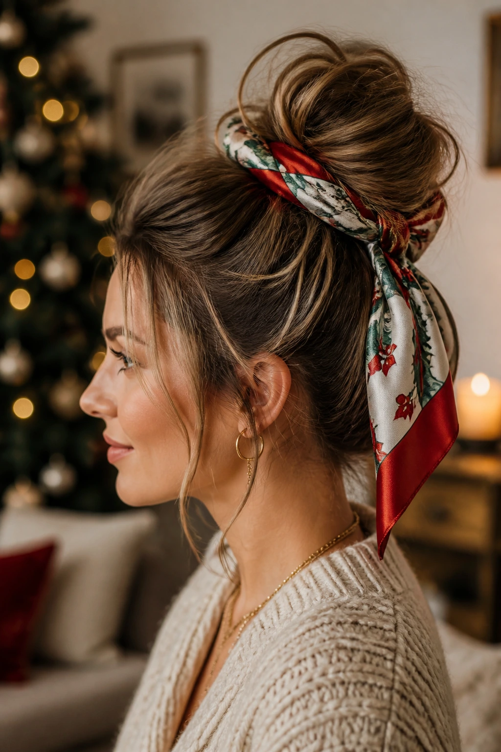 Side profile of a real person with messy bun and festive scarf