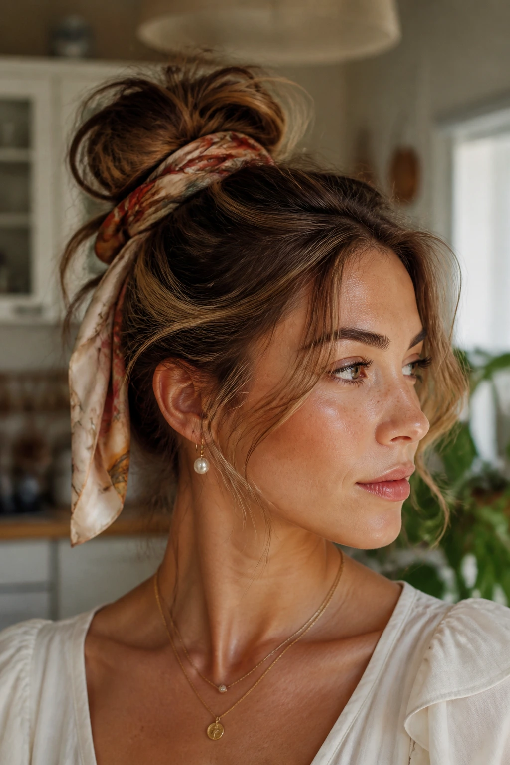 Close-up of a messy bun with a silk scarf on a real person