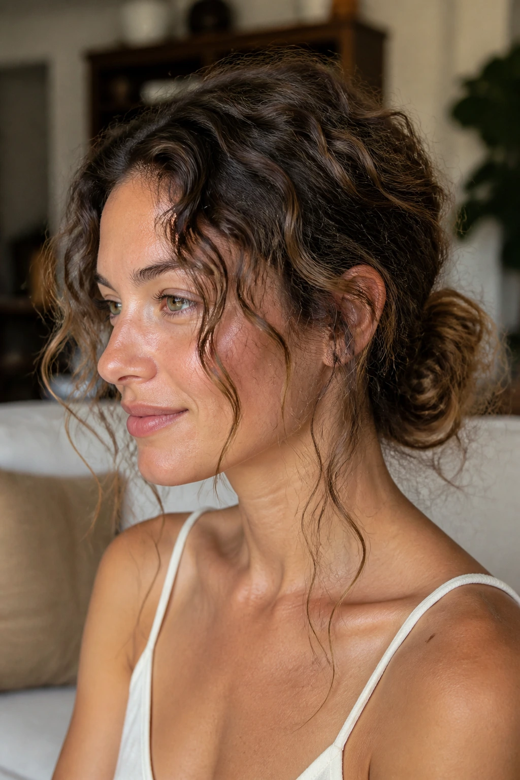 Close-up of a woman with a messy low bun and tendrils around her face