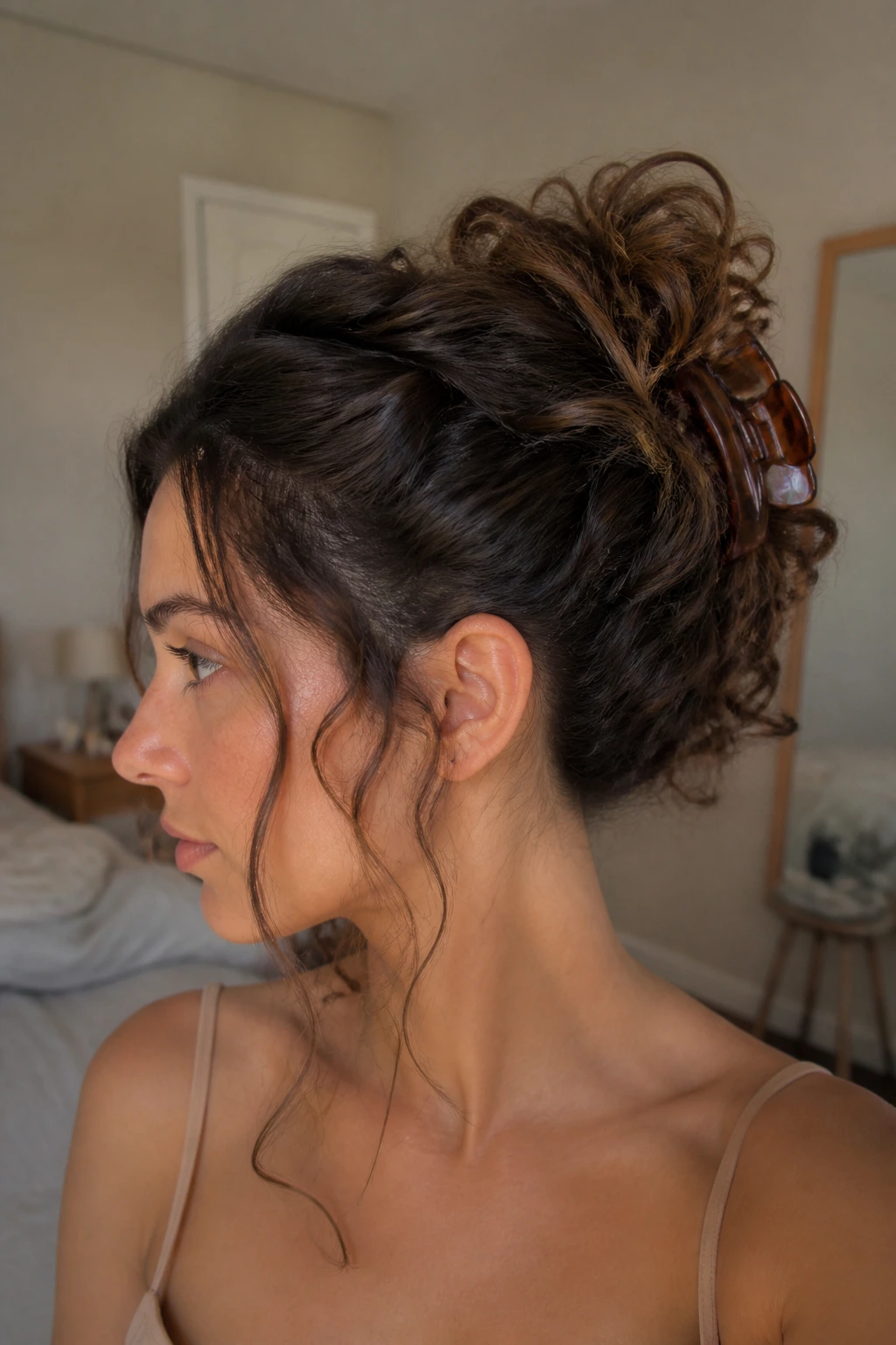 Real person with messy bun wig secured on a claw clip at the back of the head