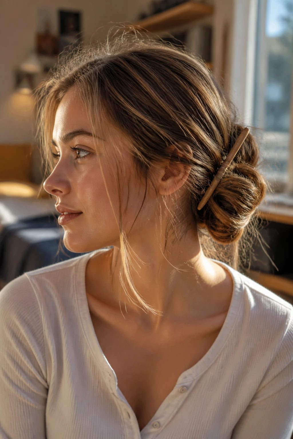 The Five-Minute Messy Chignon close-up of a real woman with a loose chignon and wooden hair pin