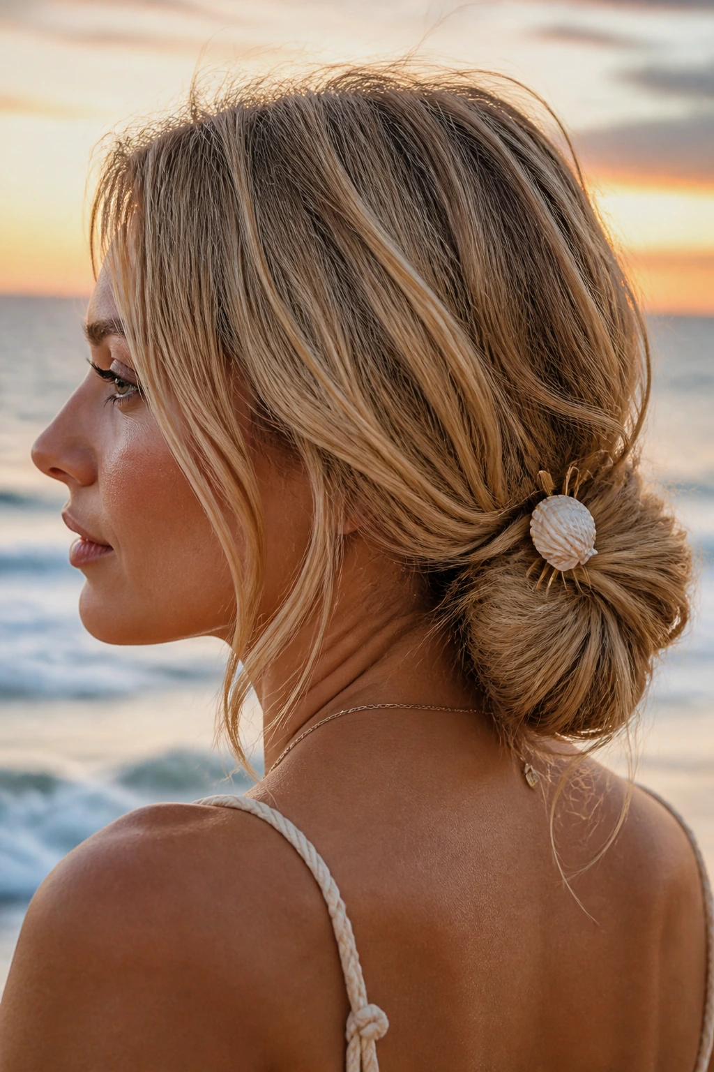 Close-up of a real woman wearing a messy chignon with a shell pin at the beach