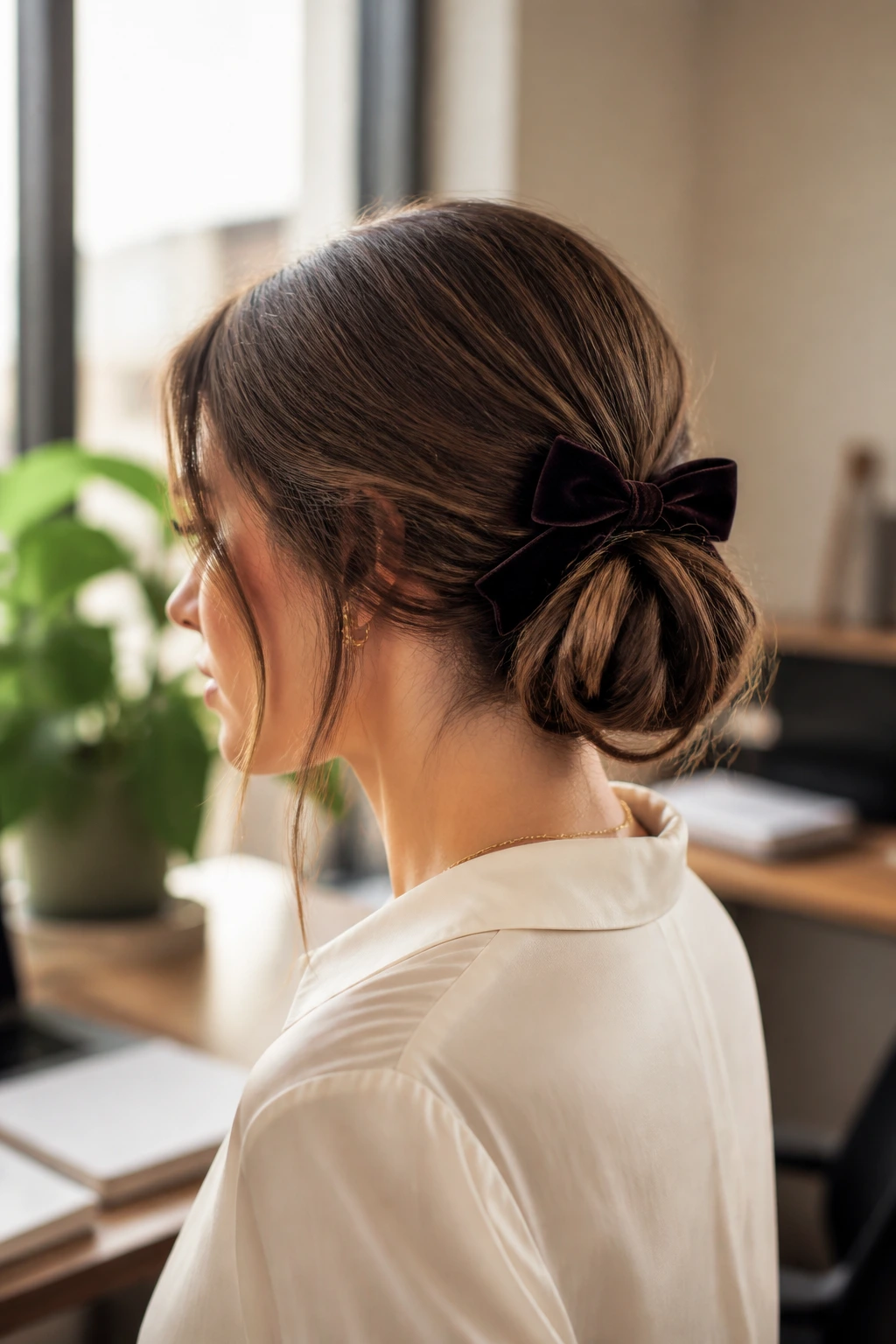 Close-up of a real woman wearing a low messy chignon with velvet bow at the nape in a warm office setting