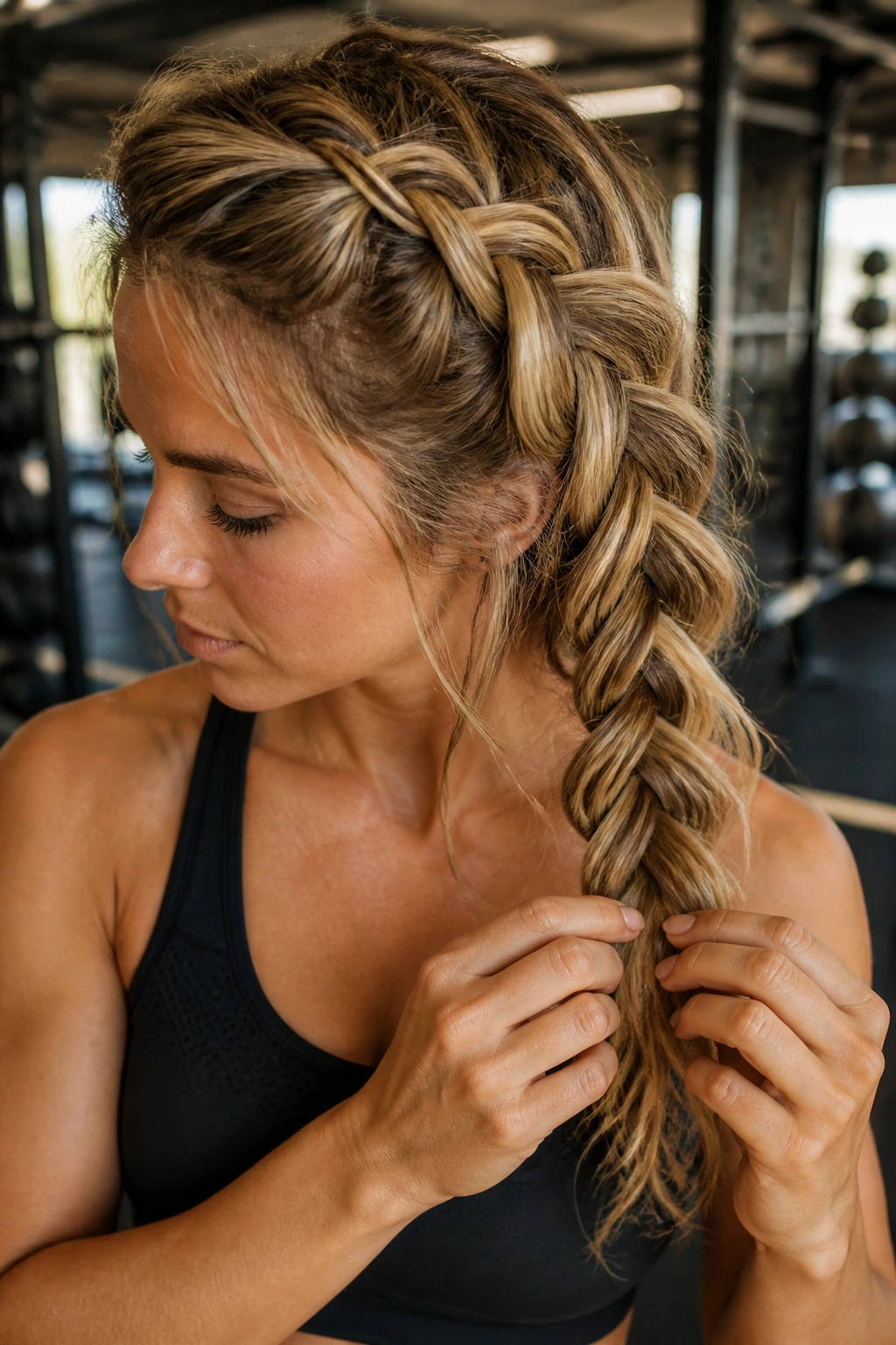 Real woman with a loose chunky Dutch braid pulled apart for a casual gym-ready hairstyle