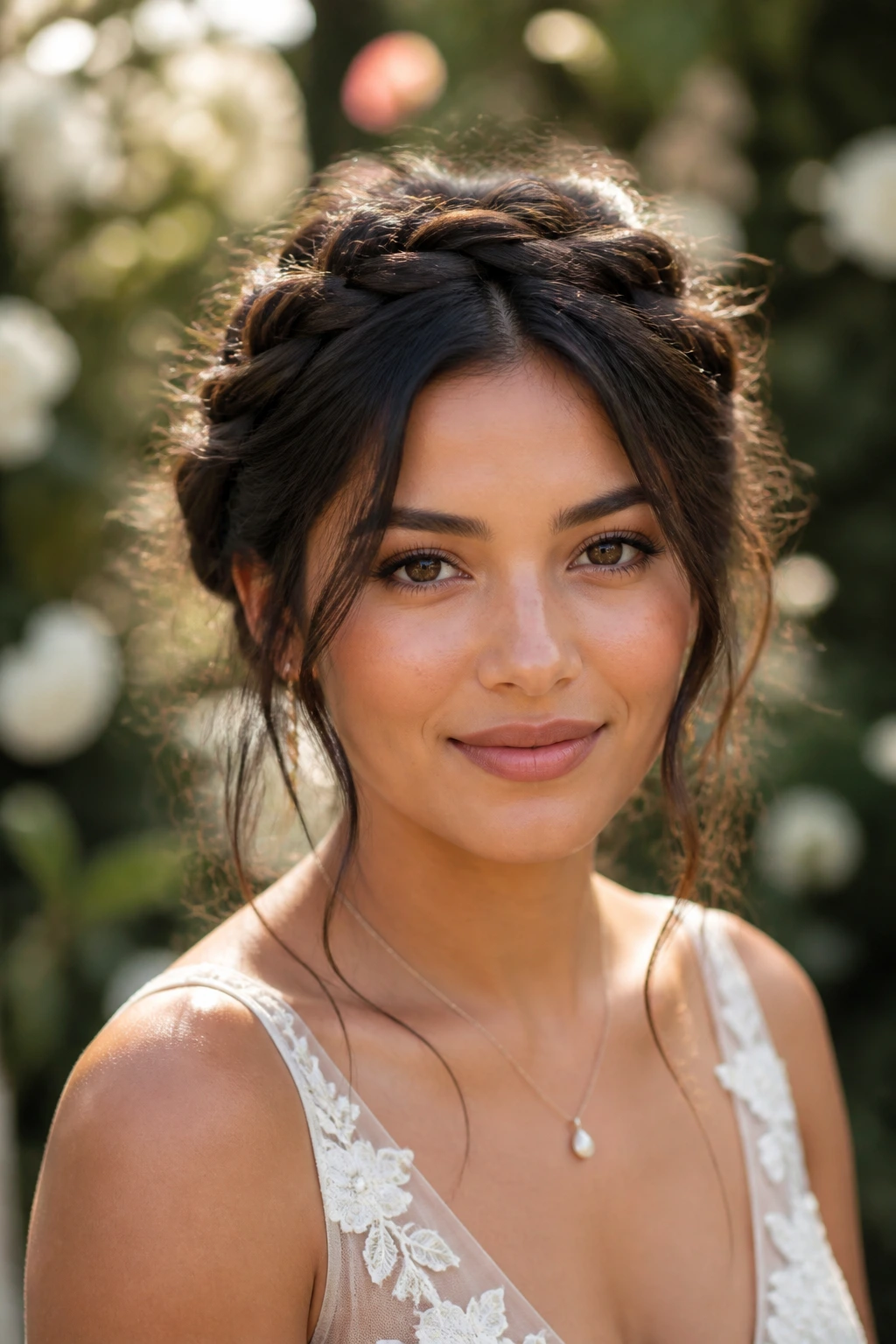 Close-up of a real woman wearing a messy crown braid with loose strands around the face