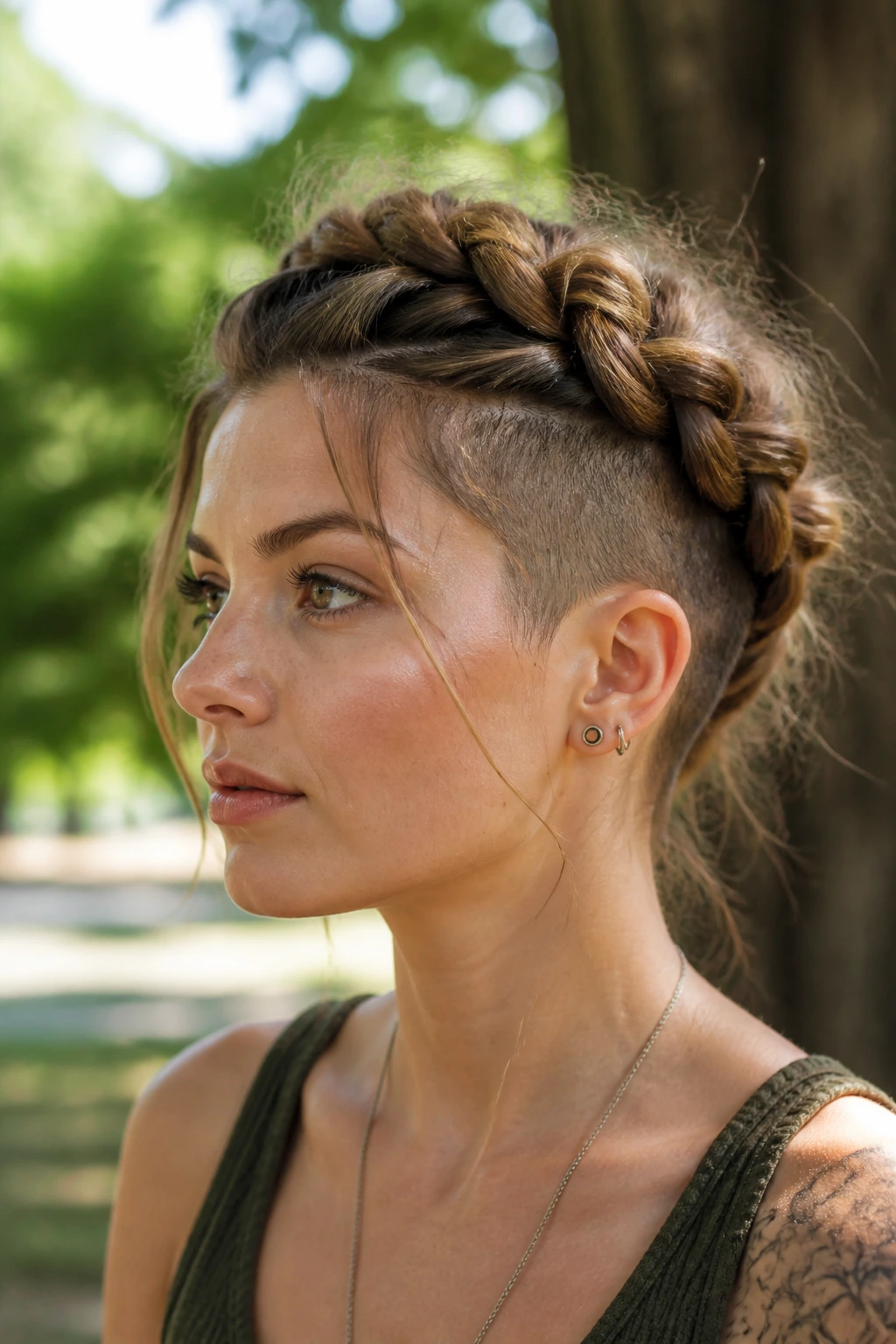 Close-up of a real person with a messy crown braid and shaved sides outdoors