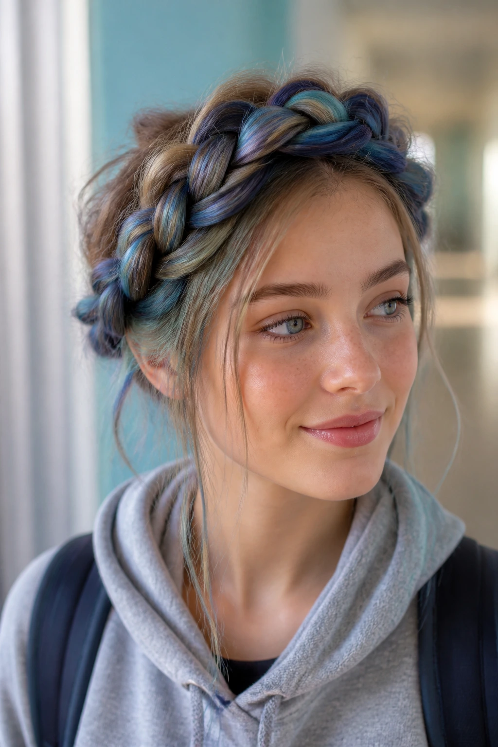 Close-up of a real person wearing a crown Dutch braid with blue ends