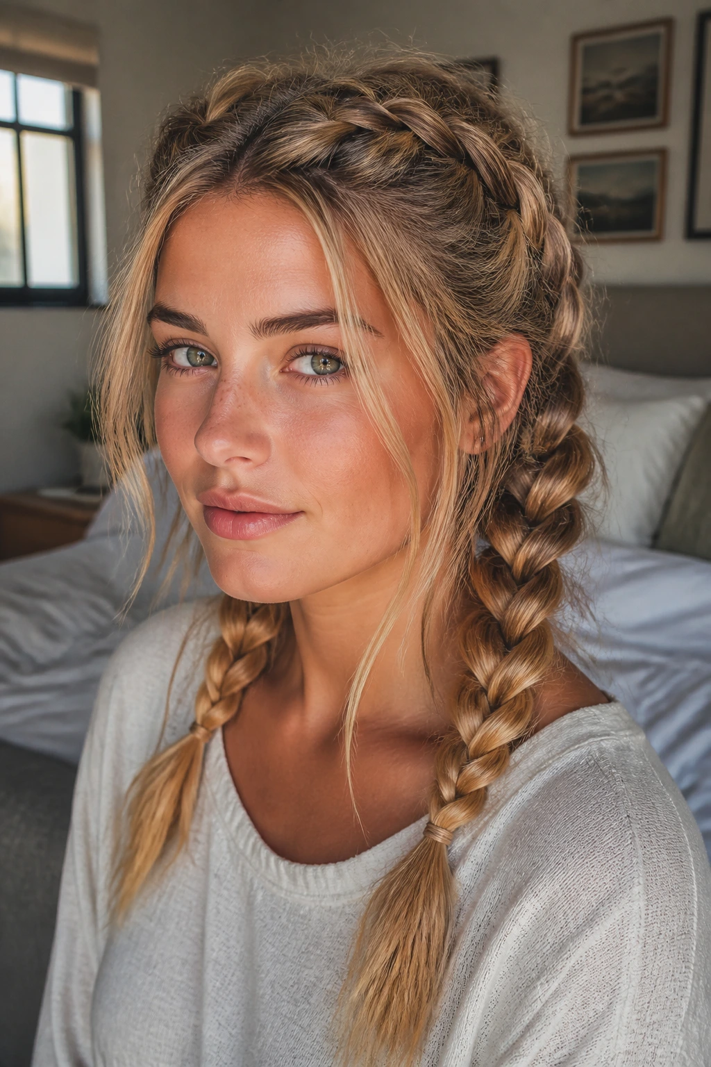 Close-up portrait of a real woman with messy Dutch braid pigtails