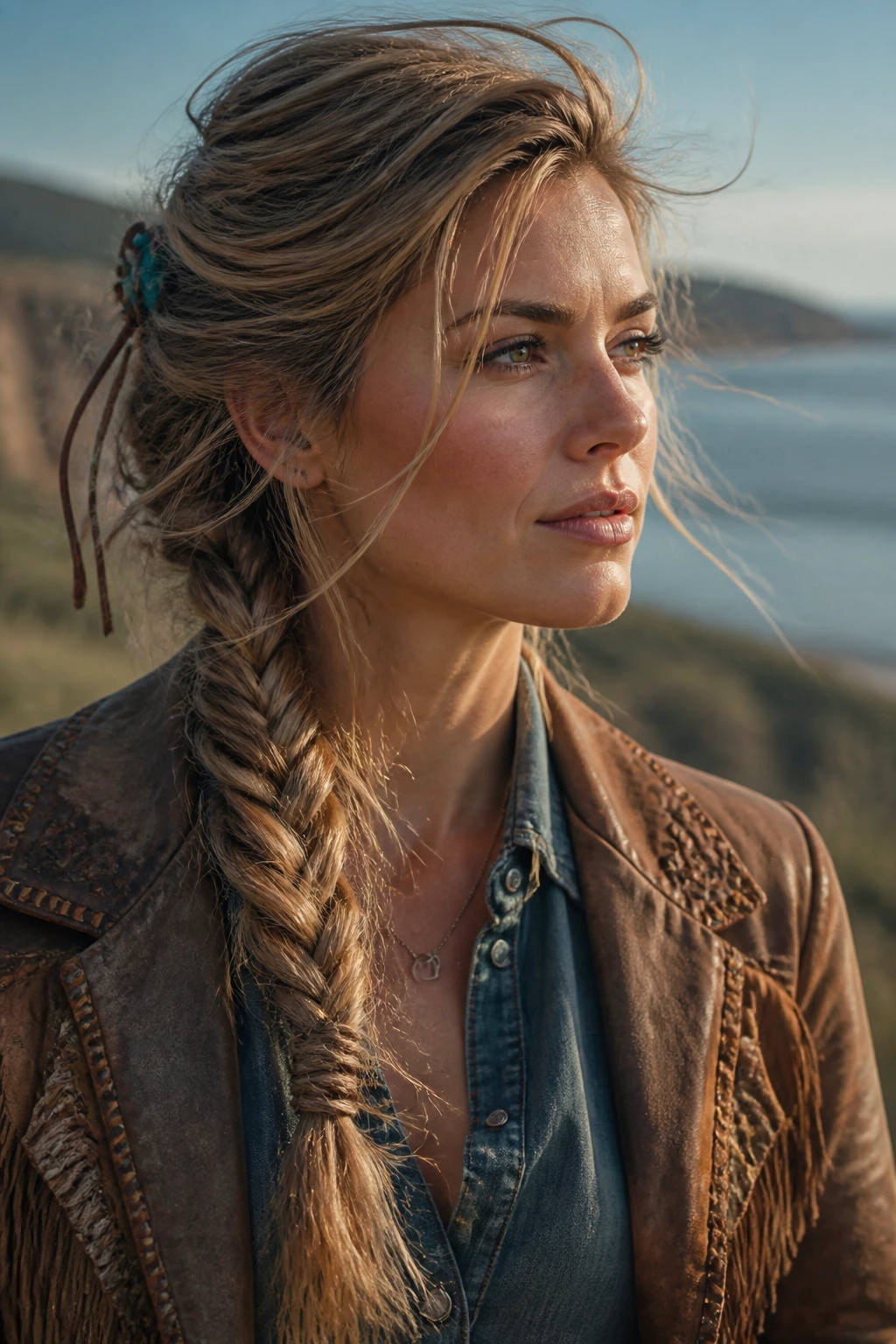 Close-up of a real woman with a messy fishtail side braid and flyaways