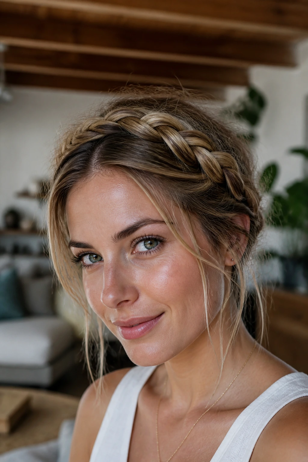 Close-up of a real woman wearing a messy fishtail headband with wisps