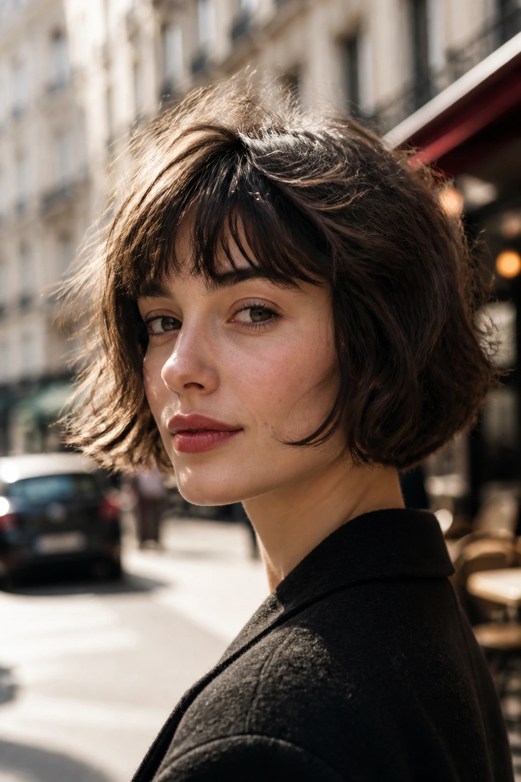 Close-up portrait of a real woman with a messy French bob and natural air-dry texture.