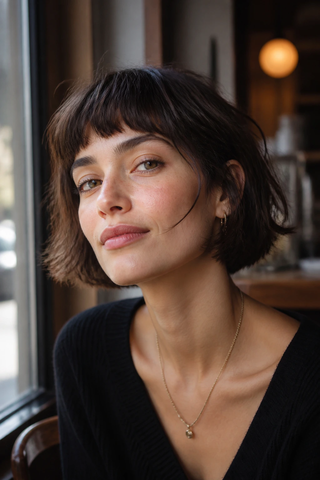 Portrait of a woman with a messy French bob and baby bangs in cafe light.