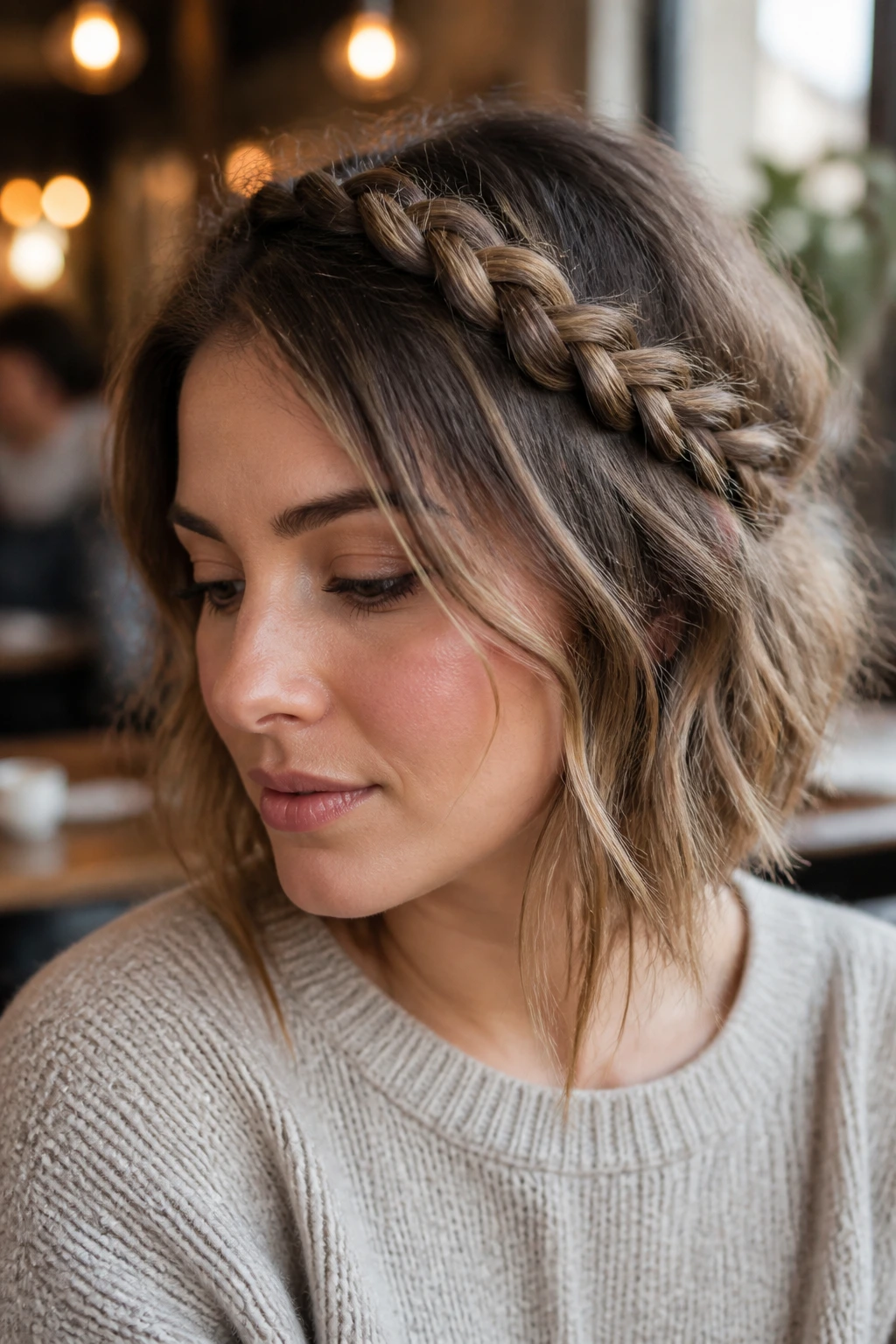 Real woman wearing a messy French braid headband in a cozy cafe setting