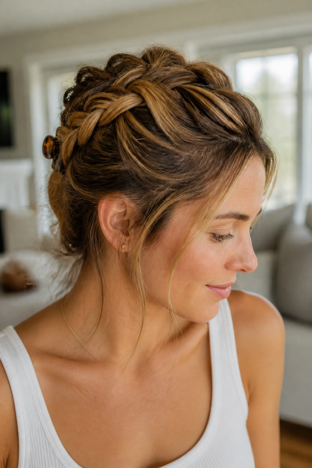 Close-up of a real woman with a messy French braid pulled back and loose strands around the ears
