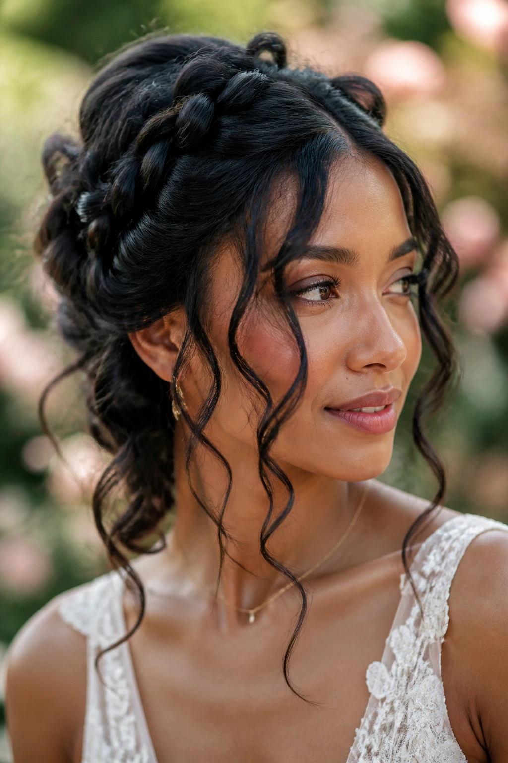Bride with a loose French braid and face-framing tendrils