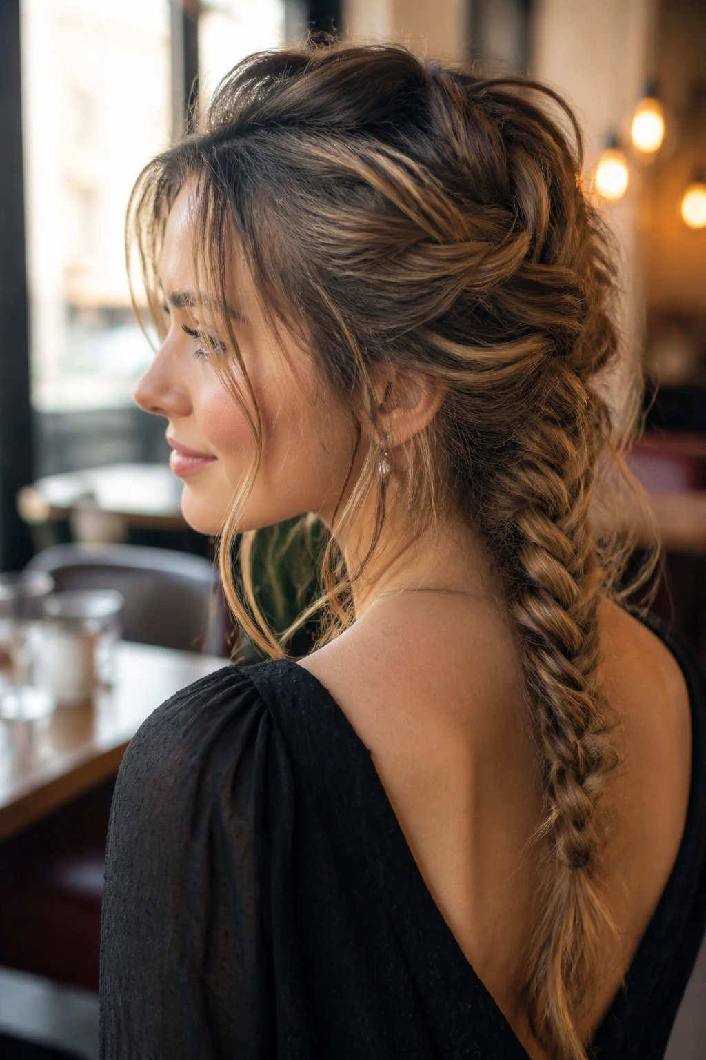 Three-quarter view of woman with messy French braid and soft tendrils