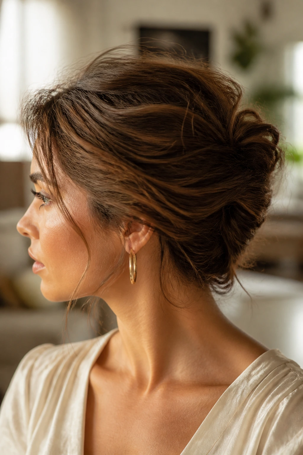 Close-up of a real woman with a messy French twist at the nape in warm indoor light