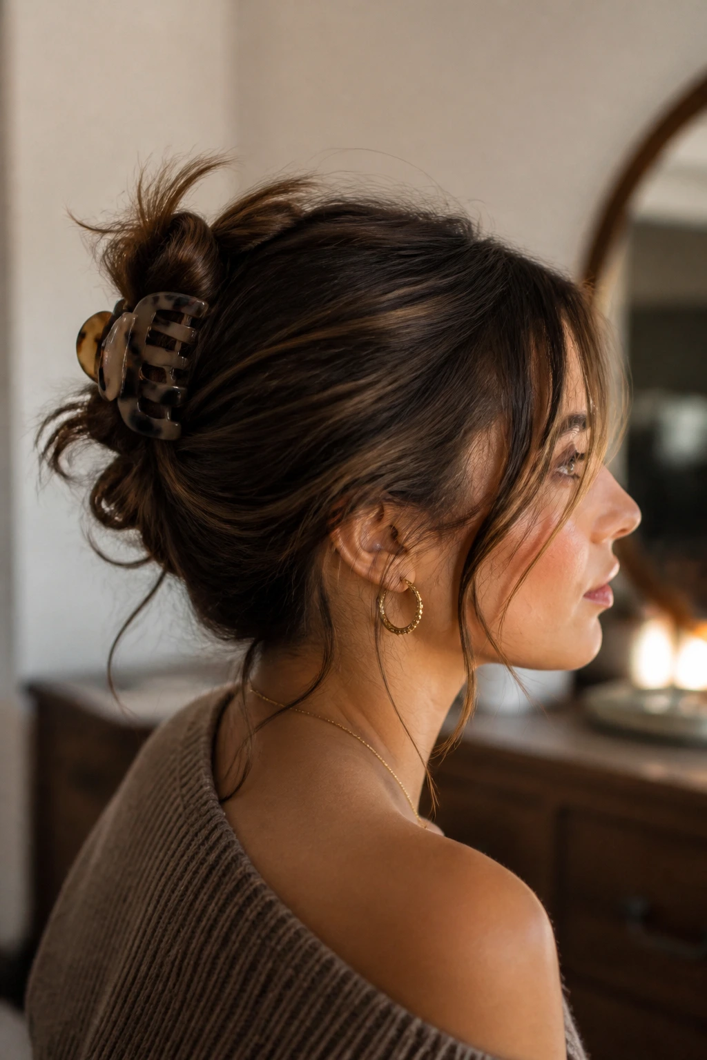 Close-up of a real person with a messy French twist and claw clip