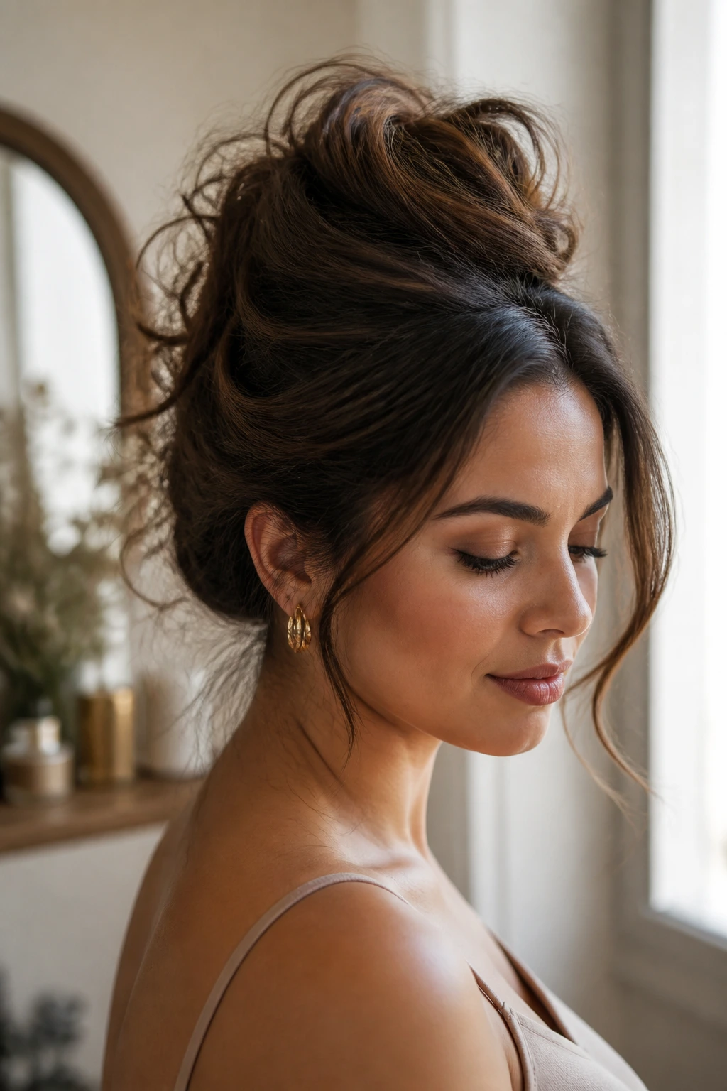 Close-up portrait of a real woman with a messy French twist hairstyle
