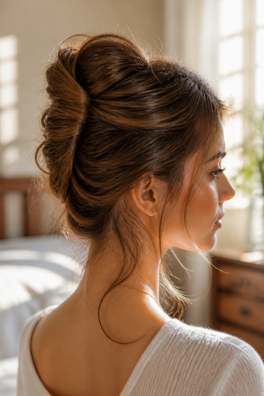 Close-up of a real person with a messy French twist and wispy strands