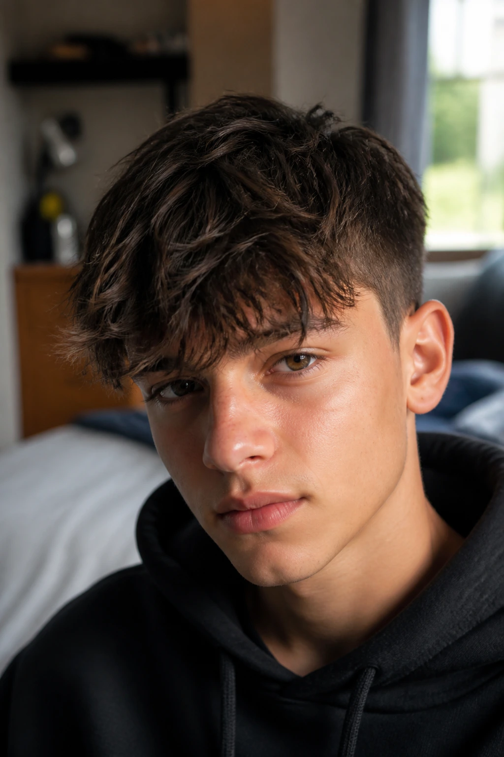 Teen with messy fringe close-up hairstyle in sunlit bedroom
