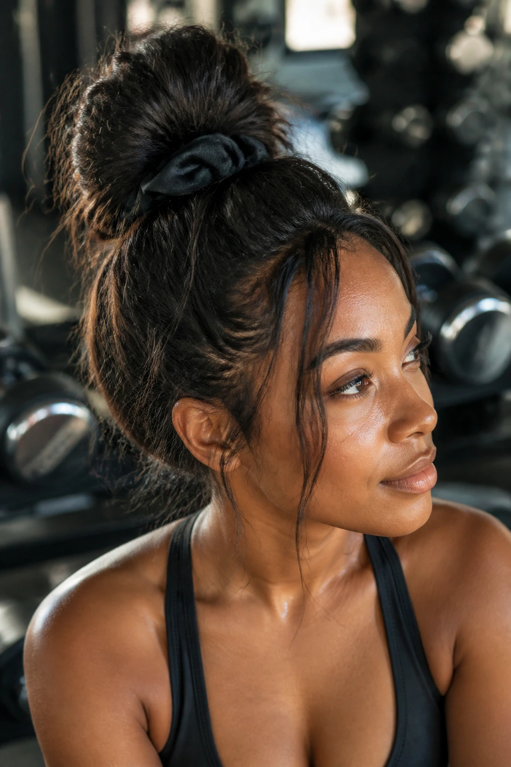 Portrait of a real person with a casual messy gym bun during workout.
