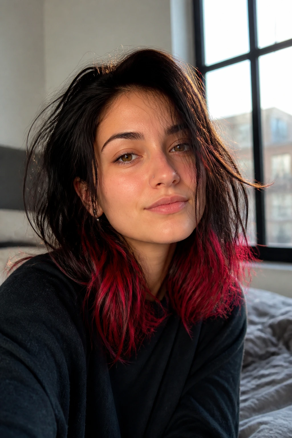 Close-up of real person with slightly tousled red-black hair embracing the messy look.