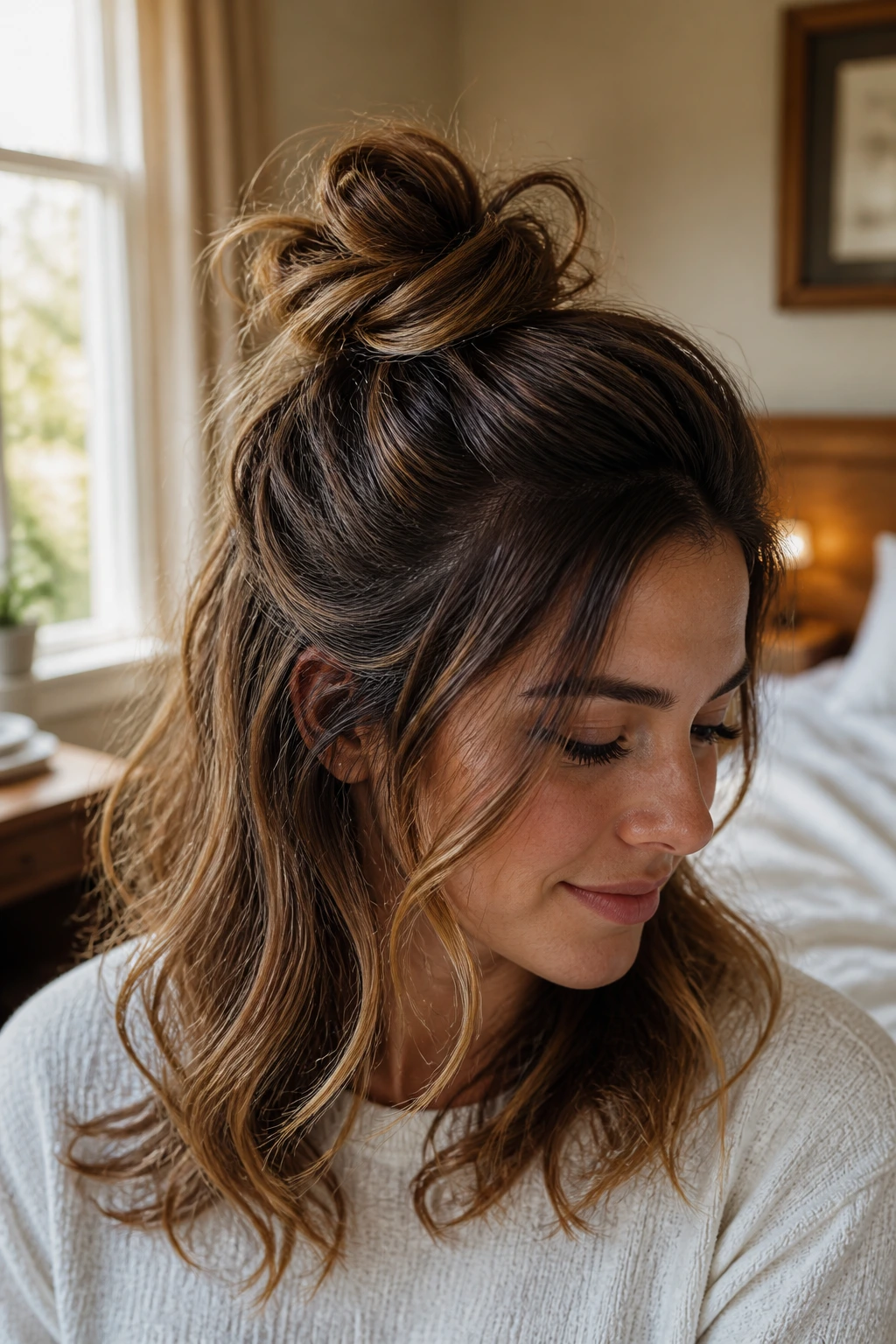 Close-up of a real woman wearing a loose messy bun in a cozy bedroom