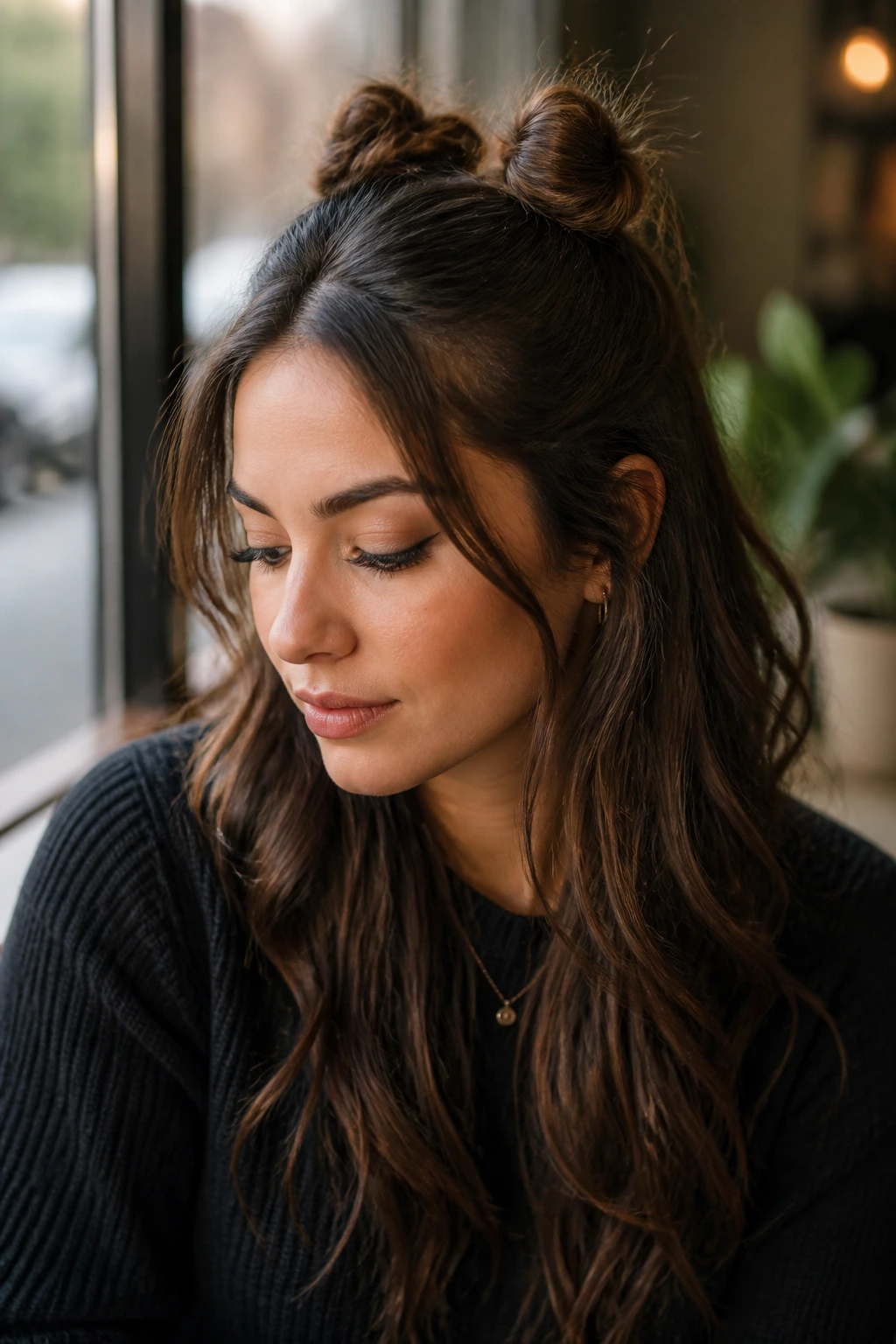 Close-up of a real woman with two small messy knots in a half-up hairstyle