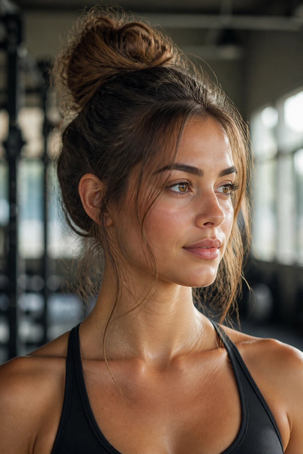Close-up of a real person with a messy high bun and face-framing wisps during workout