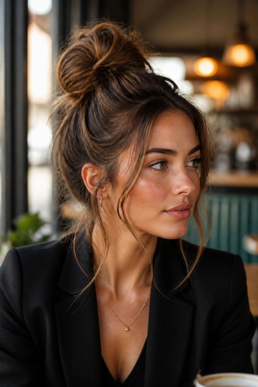 Messy high bun with wispy tendrils hairstyle on a real woman in a cafe setting.