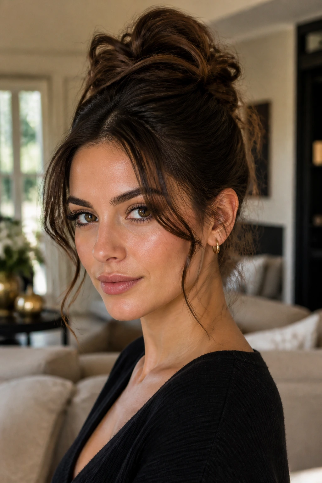 Close-up of a woman with a messy high updo and soft tendrils around her face.