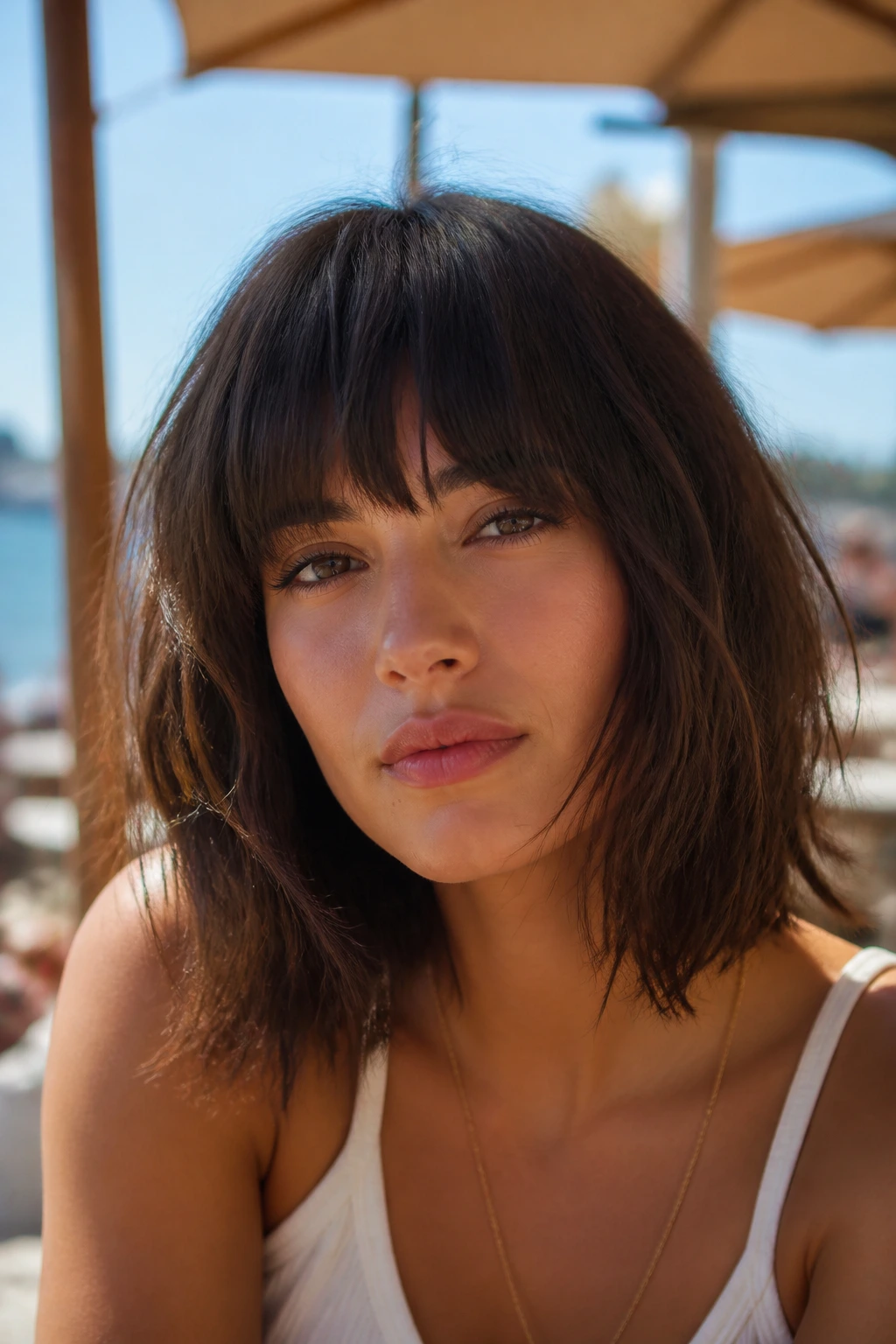 Close-up portrait of a real woman with messy lob and blunt fringe