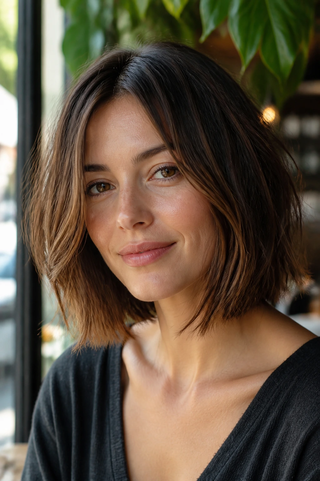 Close-up portrait of a real woman with a messy messy lob and invisible layers
