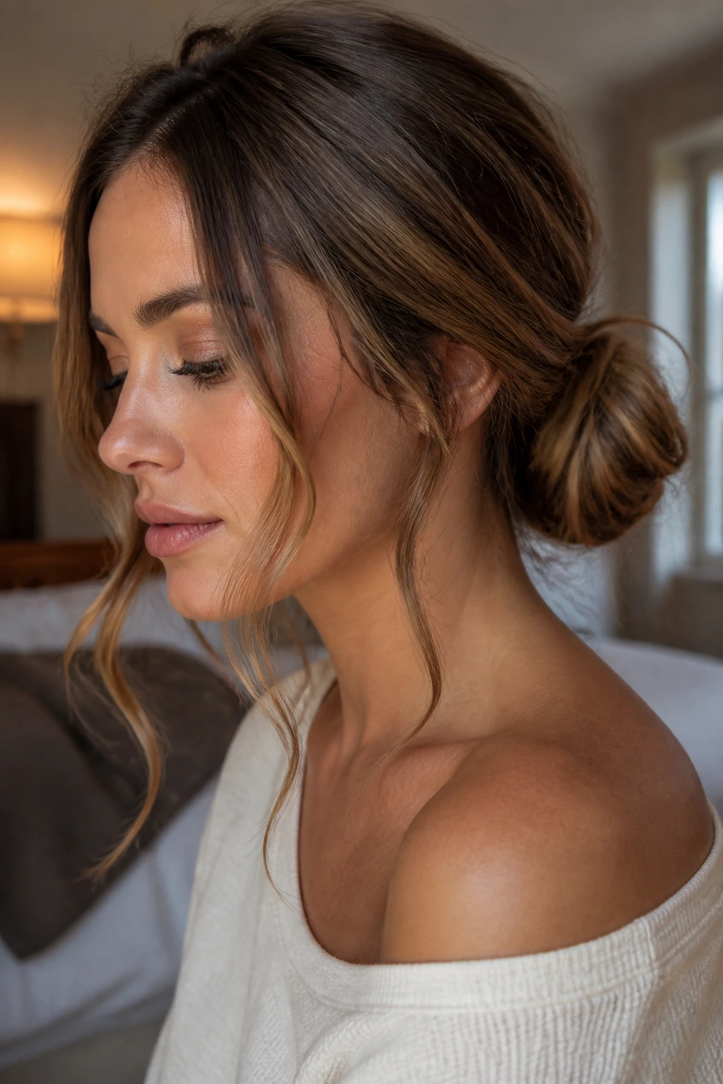 Close-up portrait of woman with a messy low bun and face-framing tendrils