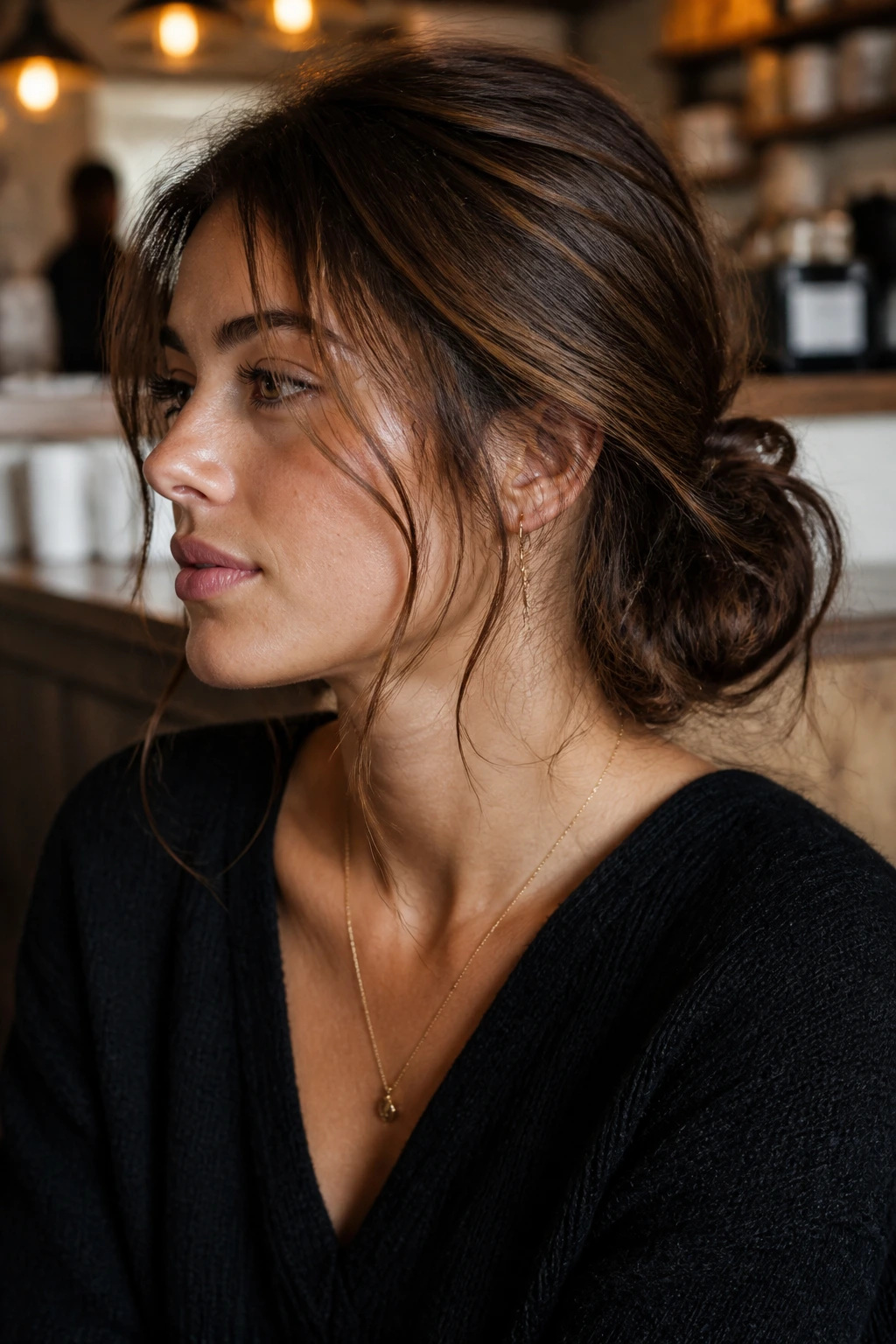 Close-up of a real person with a messy low chignon in chocolate hair.