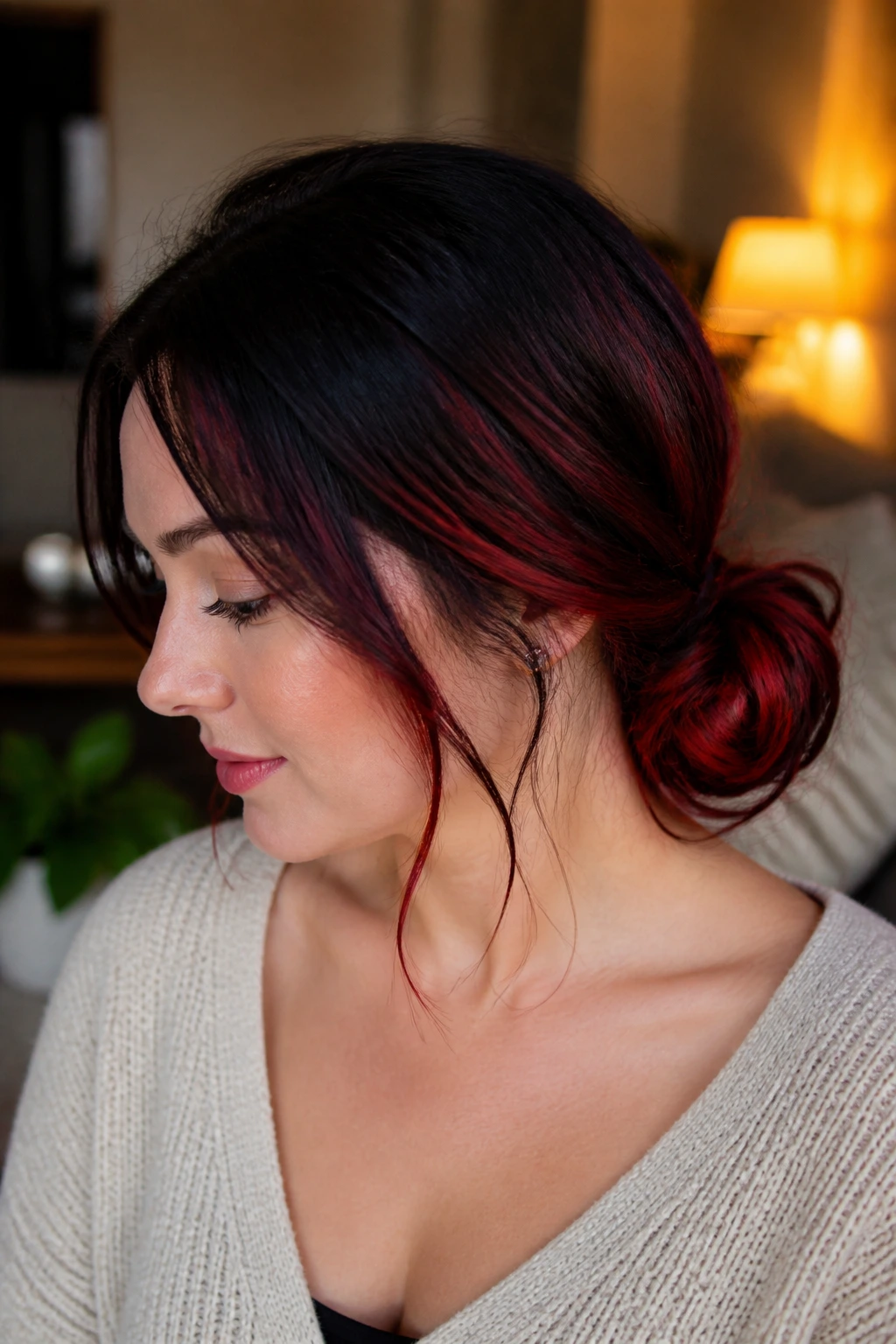 Real woman with a messy low chignon at the nape in a warm, cozy room