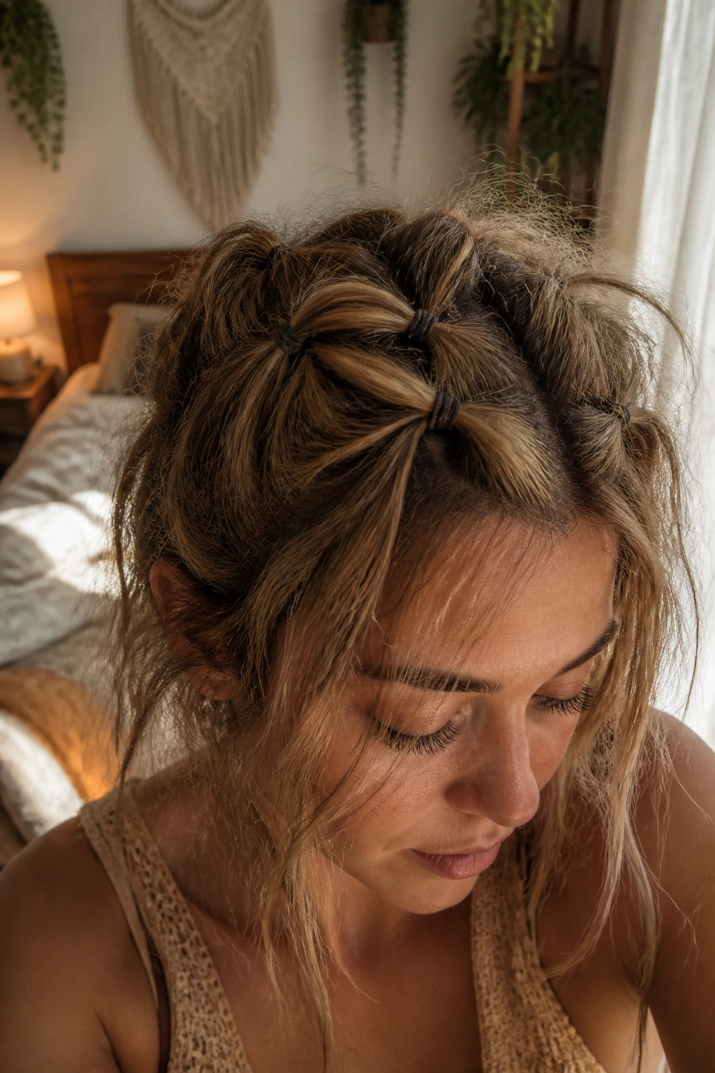 Close-up of a real person with messy bohemian micro-ponies across the crown