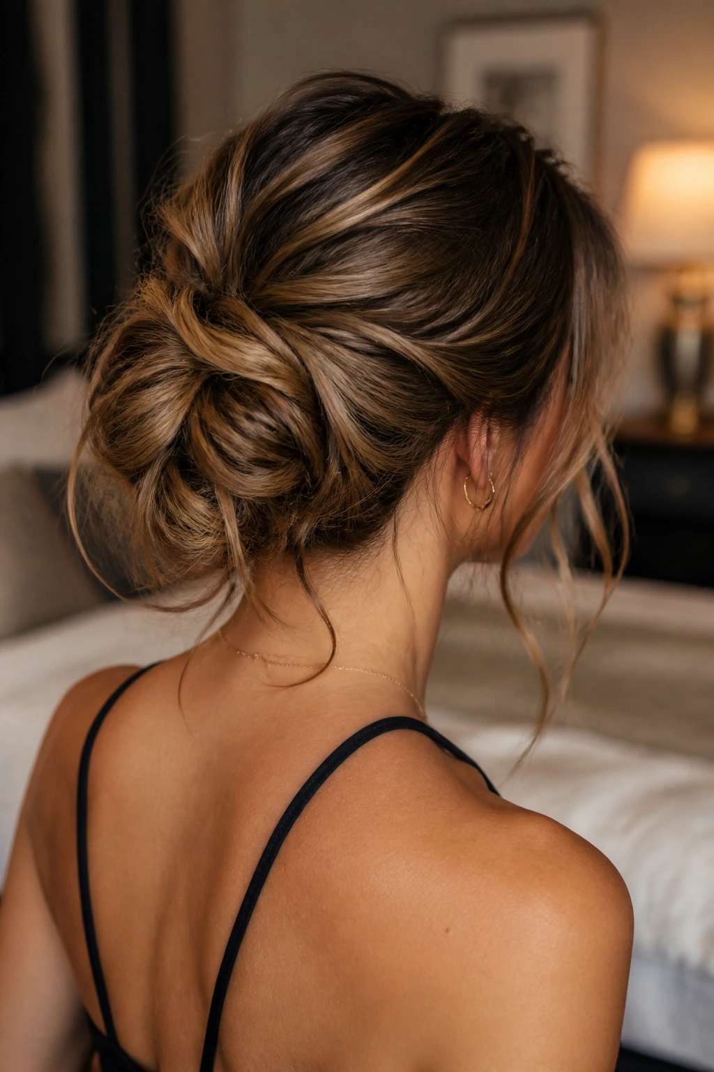 Rear-three-quarter view of a real woman with a mid-height messy chignon