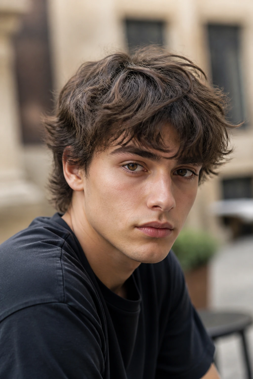 Teen with messy mid-length hair outdoors in daylight.