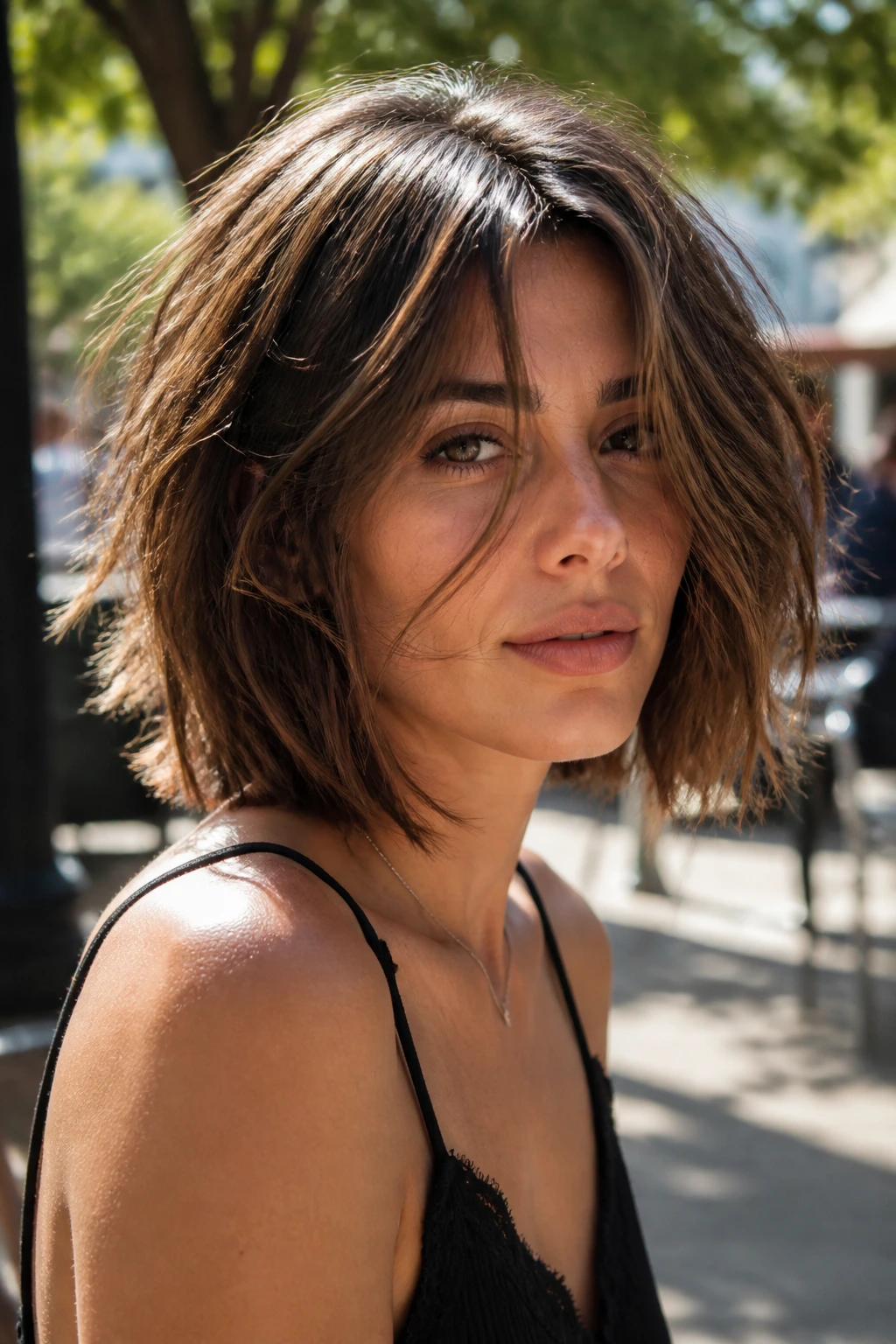 Close-up of a real woman with messy mid-length razored bob capturing movement.