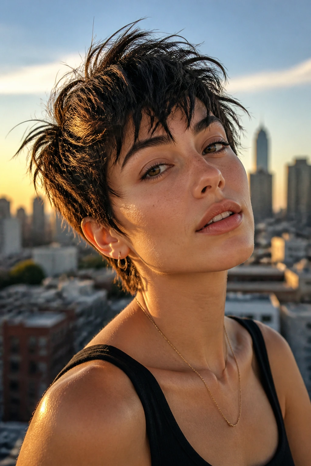 Close-up of a real woman with a messy bedhead pixie crop on an urban rooftop at golden hour.