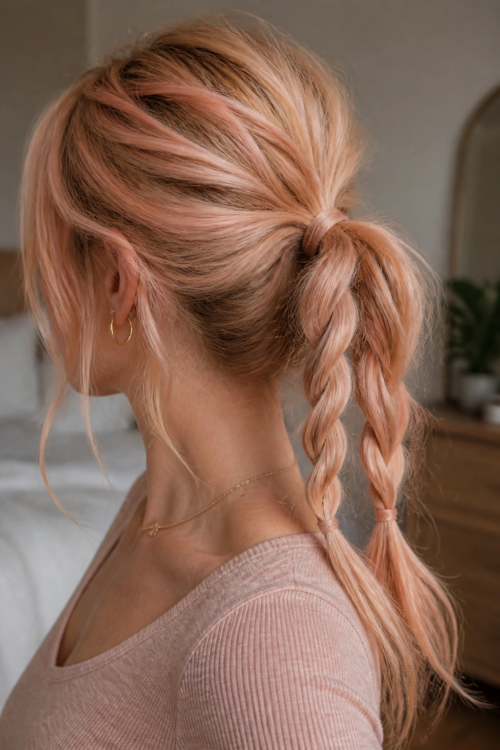 Close-up of a real woman with a messy twisted ponytail in peach-nude tones.