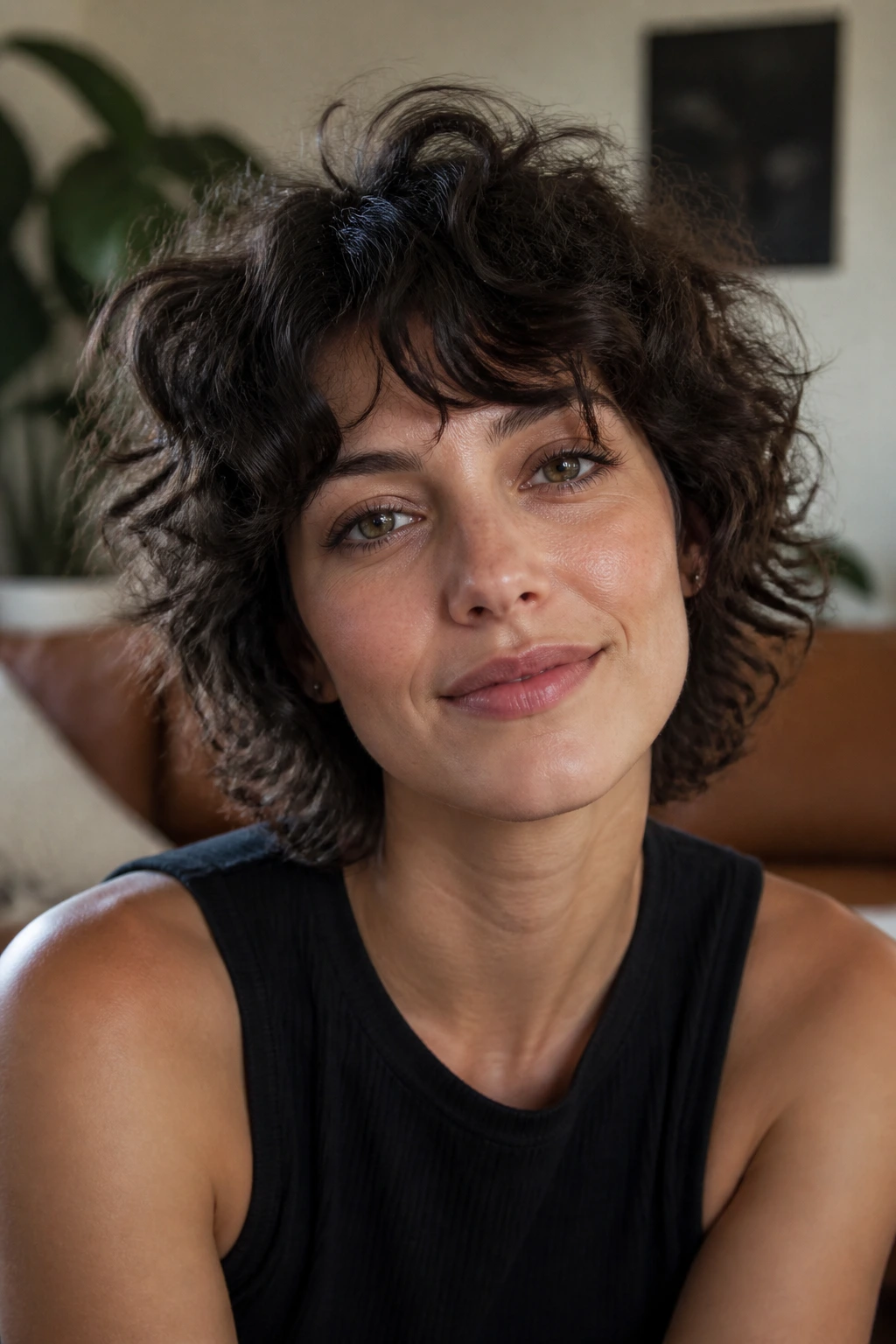 Portrait of a real person with a messy curly shag and fringe.