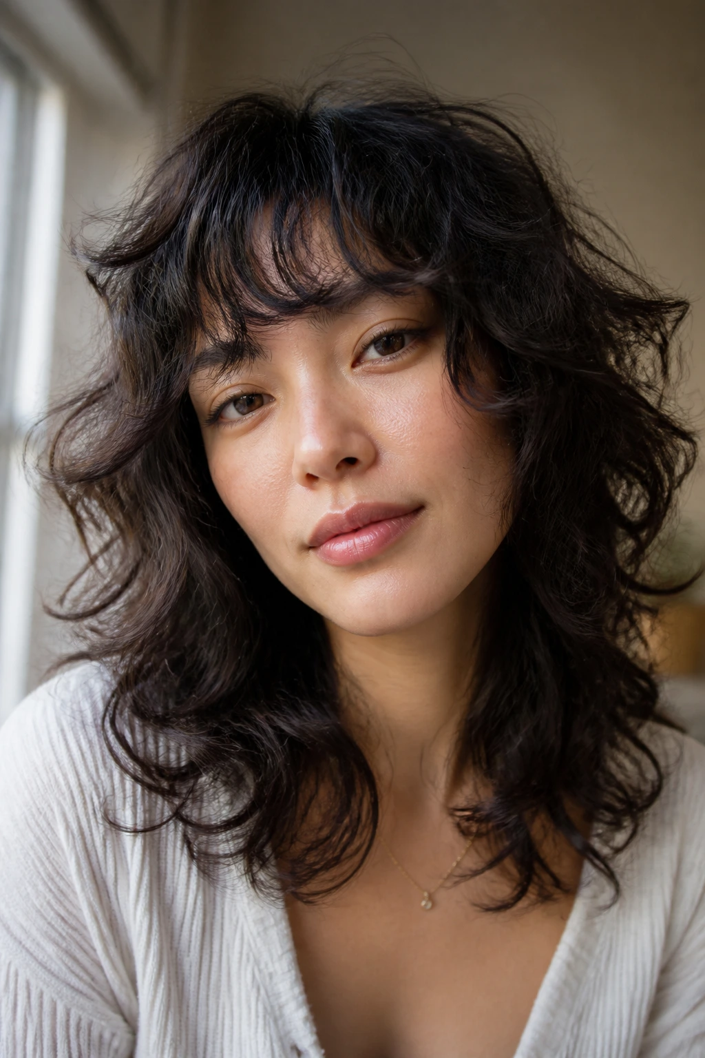 Close-up of real person with messy shag fringe and diffused curls